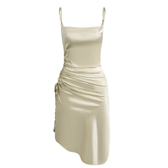 Micas Dresses & Skirts - Micas Women’s Medium Cream Asymmetric Ruched Slip Sleeveless Midi Dress